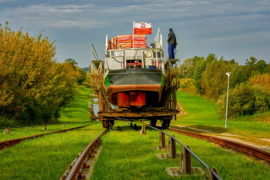 Ships in inland navigation on the Elbląg Canal, Poland