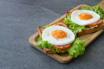 Homemade sandwich or toast wheat bread with fried egg,lettuce,tomato in wooden table on the concrete table.