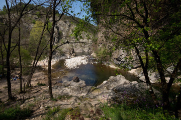 Fototapeta premium Flusslandschaft bei Jaujac in den Monts d'Ardéche in Frankreich