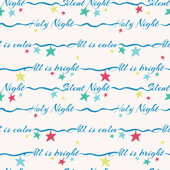 Silent night holy night lettering vector seamless pattern with colorful stars. Surface pattern design for Christmas Holidays.