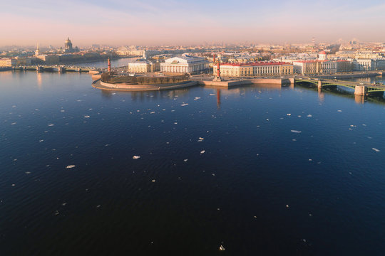 View of the Spit of Vasilyevsky Island on a sunny April morning (aerial photography). Saint-Petersburg, Russia