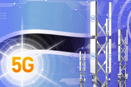 Botswana 5G industrial illustration, big cellular network mast or tower on hi-tech background with the flag - 3D Illustration