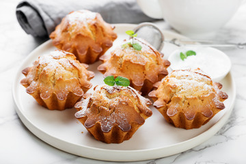 Fresh homemade delicious vanilla muffins with powdered sugar.