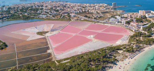 Amazing drone aerial landscape of the beautiful salt flats at Colonia de Sant Jordi, Ses Salines, Mallorca, Spain