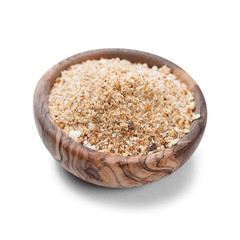 Bread Crumbs in Wooden Bowl isolated on white background.