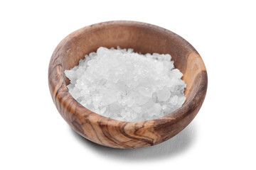 Sea salt in wooden bowl isolated on white background.
