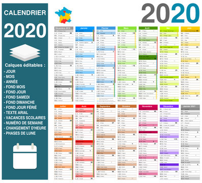 Calendrier 2020 14 mois avec vacances scolaires officielles entièrement modifiable via calques et texte arial	
