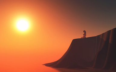 3D female in yoga pose on a cliff top against a sunset sky