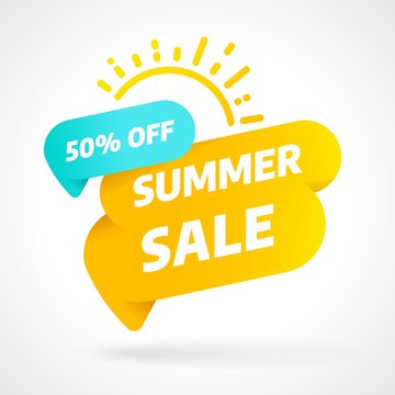 Summer sale banner template design with bubble. Discount offer price tag. 3D paper tape vector illustration.