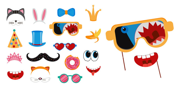 Big photo booth props set for birthday or fun party vector illustration