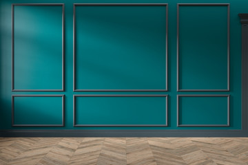 Modern classic green, turquoise color empty interior with wall panels, mouldings and wooden floor. 3d render illustration mock up.