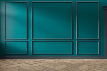 Sheer curtains Wall Modern classic green, turquoise color empty interior with wall panels, mouldings and wooden floor. 3d render illustration mock up.
