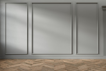Modern classic gray empty interior with wall panels and wooden floor. 3d render illustration mock up.