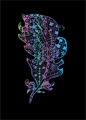 Color illustration with stylized feathers with doodle patterns.
