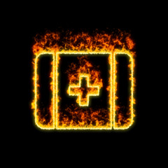The symbol first aid burns in red fire