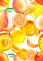 Vintage seamless pattern with watercolors - from tropical fruit, citrus spray, lemon, orange, lime, pear, mango fruit, paint splash. Bright fashionable background. Citrus Tropical Fruit Watercolor