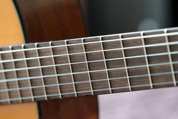 Part of an old acoustic guitar close up