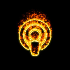 The symbol podcast burns in red fire