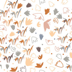 Vector floral seamless pattern with hand drawn scilla or snowdrop flowers and leaves. Modern decorative background in pastel colors.