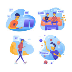 Boys with modern gadgets vector illustrations set