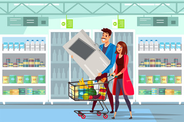 Family in supermarket flat vector illustration