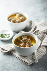 Homemade soup with meatballs