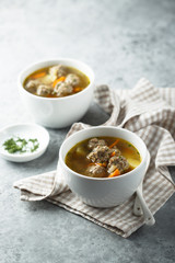 Homemade soup with meatballs