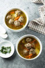 Homemade soup with meatballs