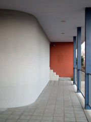 Outdoor Hall with Red Wall, Blue Pillars and Round Wall, Weissenhofsiedlung, Stuttgart