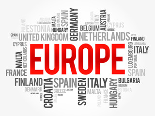 Europe List of cities word cloud collage, travel concept background