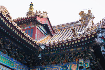 Close up on a roof elements in Yonghe Temple, commonly called Lama Temple in Beijing, capital city of China