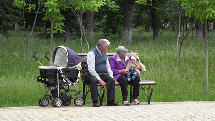 Grandparents with baby sitting on bench in the park, gray hair  care