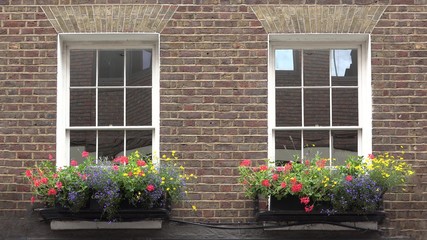 Obraz na płótnie Canvas Stylish house windows with colorful flowers and bricks wall, two window one sweet home