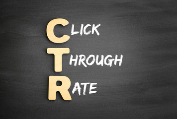 Wooden alphabets building the word CTR - Click Through Rate acronym on blackboard