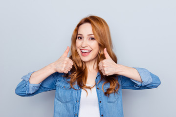 Fototapeta premium Close up photo beautiful amazing she her lady success achieve great unexpected news novelty hands arms raised thumbs air approval alright wear casual blue jeans denim shirt isolated grey background