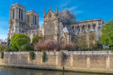 Paris, France - 04 17 2019: The day after the fire at Notre-Dame Cathedral. View from the banks of...