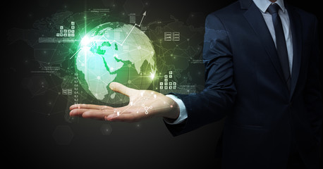 Businessman handing transparent global information flow concept on his hand