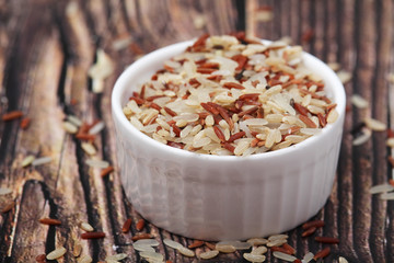 A mixture of brown, white, and red indica rice