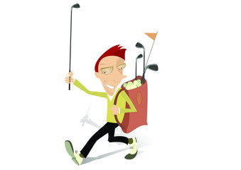 Golfer man goes to play golf illustration. Smiling man with golf club in the hand and golf bag goes to play golf illustration 