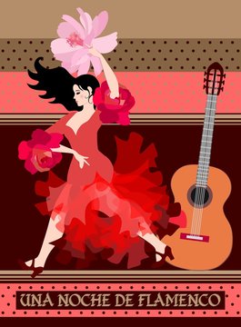 Flamenco night banner. Young spanish girl with fan in shape of flower and guitar on polka dot background.