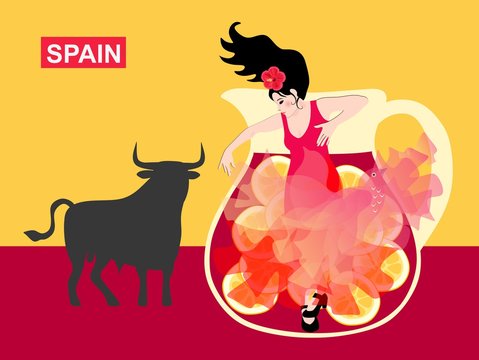 Symbols of Spain. Black bull, a jug with sangria and a girl dancing flamenco with a manton in the shape of a flying bird. Background in the color of the Spanish flag.