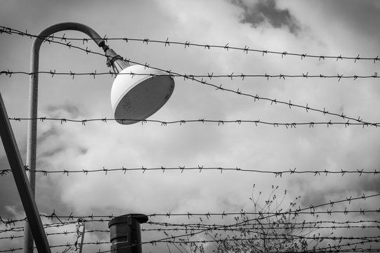 Lantern and barbed wire with connected electricity, black and white photo