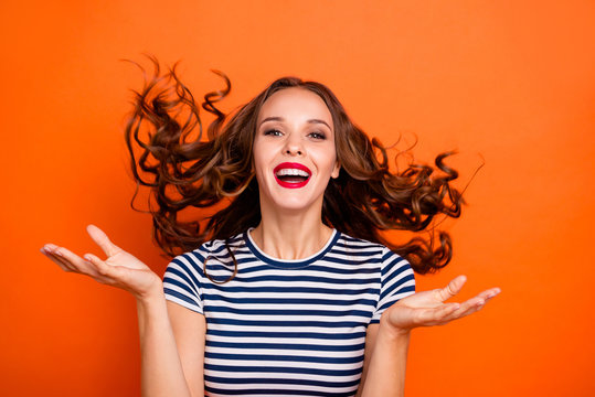 Close Up Photo Amazing Beautiful She Her Lady Red Lips Hand Arm Palm Raised Hair Curls Flight Toothy Catch Rain Drops Wear Casual Striped White Blue T-shirt Clothes Isolated Orange Bright Background