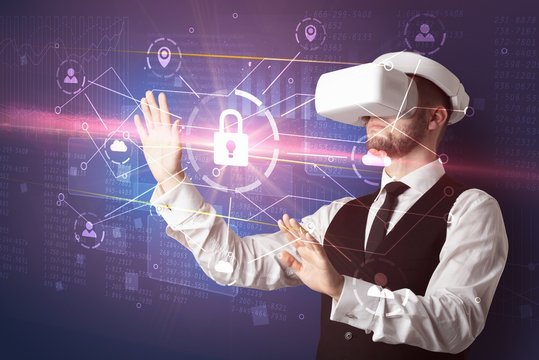 Businessman with DJI goggles controlling 3D illustrated network, and series on the background
