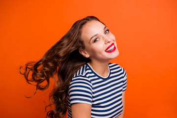 Closeup photo portrait of glad optimistic careless enjoying new shampoo conditioner cosmetics...