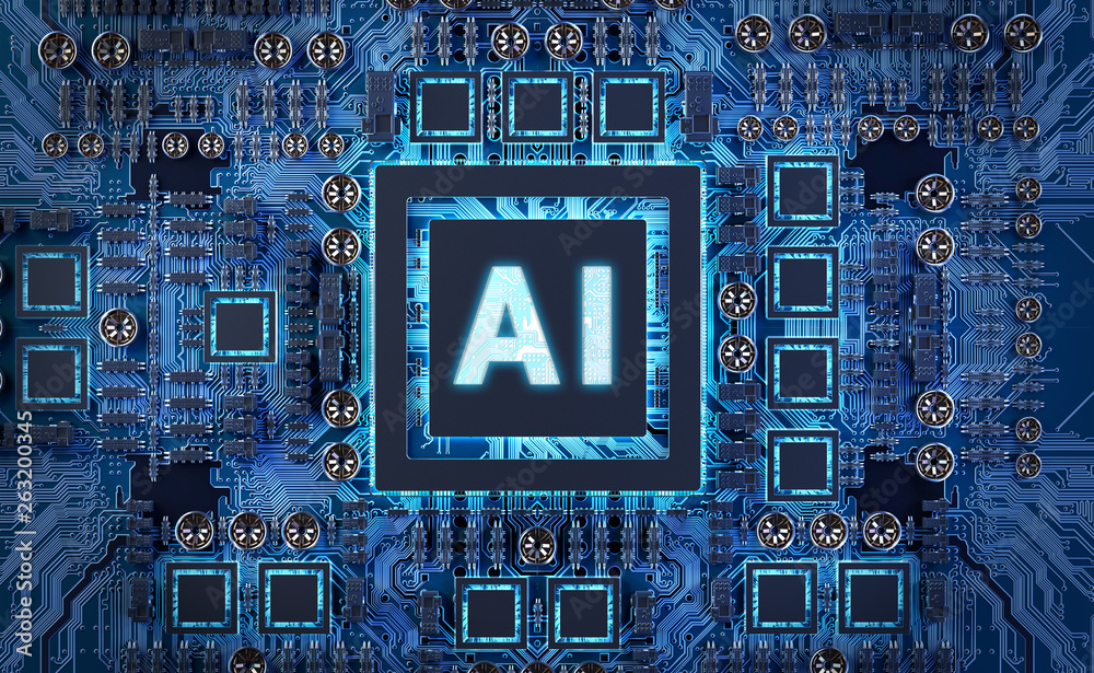 Fototapete artificial intelligence in a modern gpu card 3d rendering