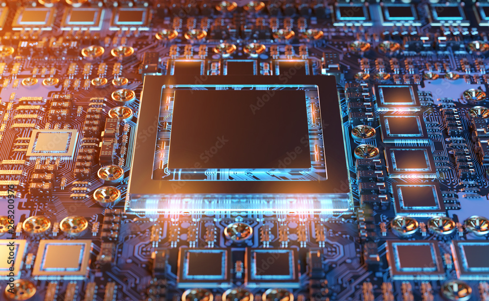 Fototapete close-up view of a modern gpu card with circuit 3d rendering