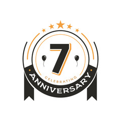 Birthday vintage logo template 7 th anniversary circle retro isolated vector emblem. Seventh years old badge on white background
