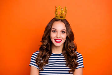 Close up photo portrait of positive excited glad cheerful dream dreamy she her lady with vivid pomade wearing small luxurious headwear isolated vibrant background