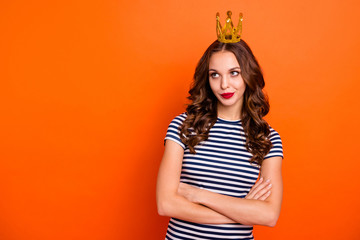 Photo portrait of upset angry annoyed irritated pensive wearing dress she her lady making plan dream looking up isolated bright vivid color background © deagreez